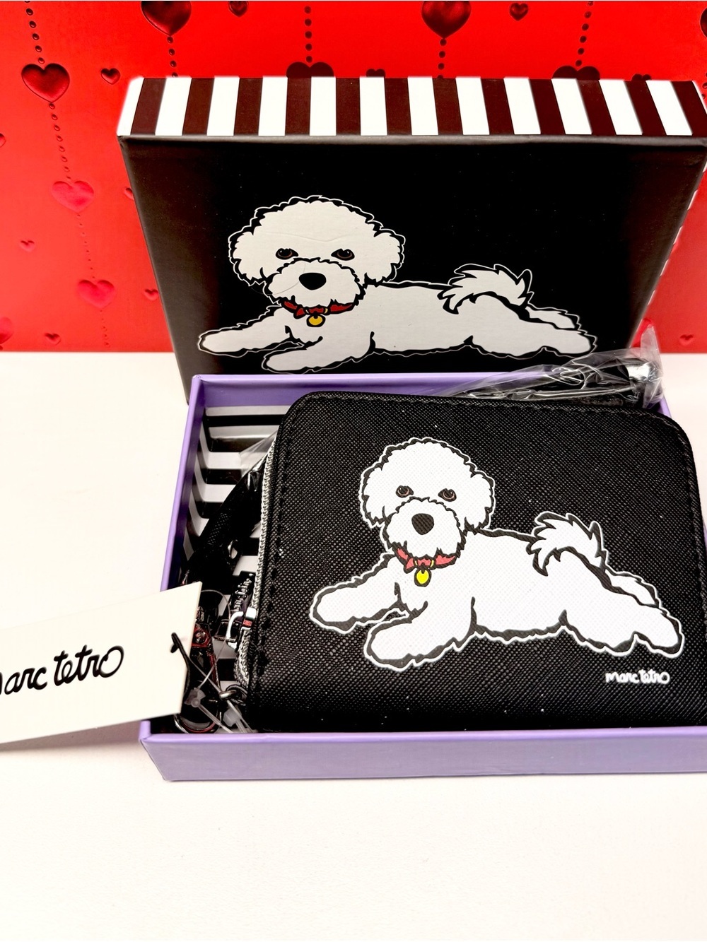 Marc Tetro Black Zip Wallet with Bichon Design w/Strap  NWT